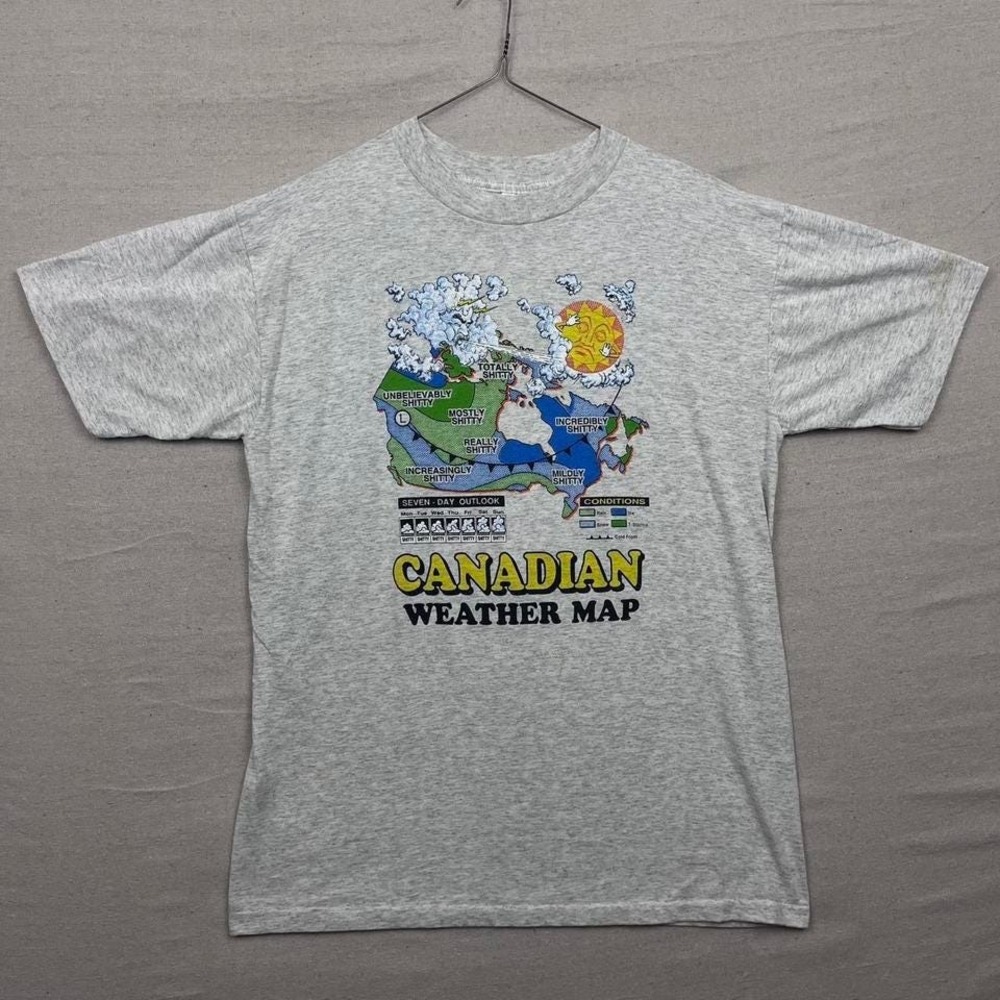 Vintage 90s EPI Canadian Weather Map Tee Shirt Humor Funny Single Stitch‎ Grey